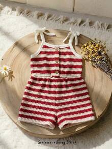 Cozy Pixies Baby Girl Contrast Color Striped Pattern Knit Soft Suspender Romper Shorts - Red - View 1