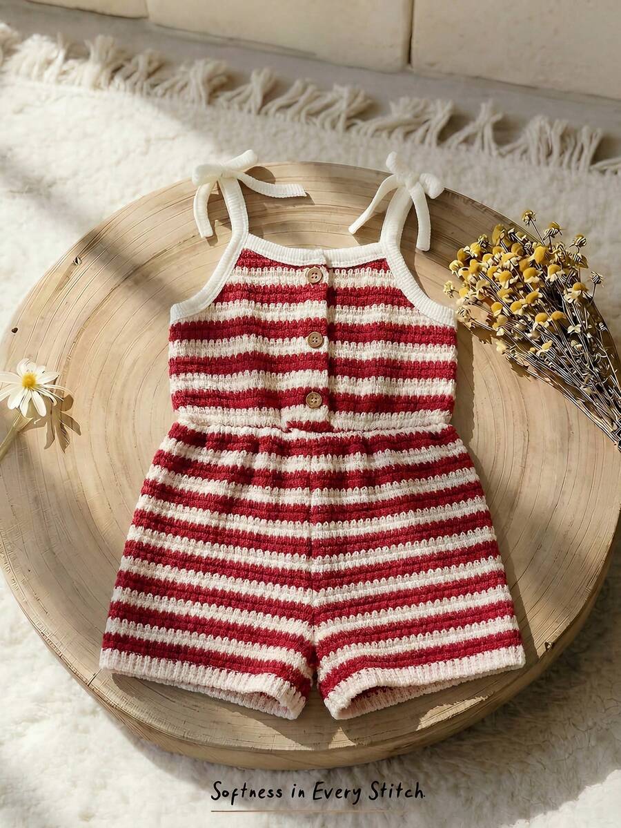 Cozy Pixies Baby Girl Contrast Color Striped Pattern Knit Soft Suspender Romper Shorts - Red - View 1