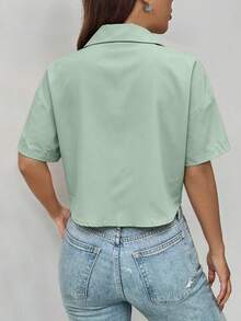 Chiquease 女士夏季纯色落肩休闲口袋宽松短衬衫、短袖上衣 - 薄荷綠 - 查看 2