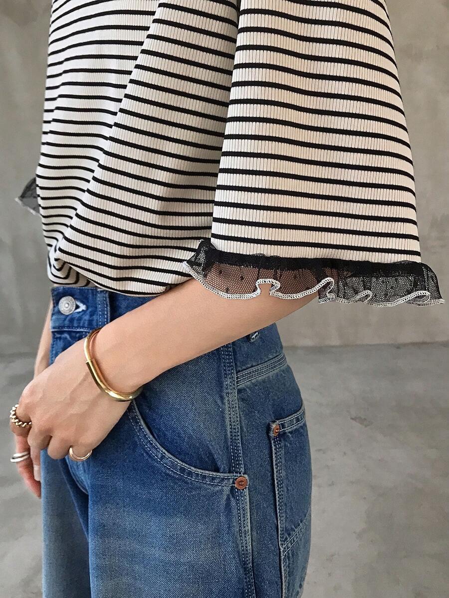 FRIFUL Women's Summer Spring Striped Loose Casual Versatile T-Shirt - Black and White - View 1