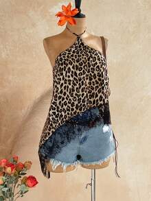 Soleia Women's Tank Top Leopard Print Halter Neck Tie Asymmetrical Hem Lace Trim Sexy Sleeveless Top Going Out Night Out Cocktail Parties Black And White - Brown - View 1