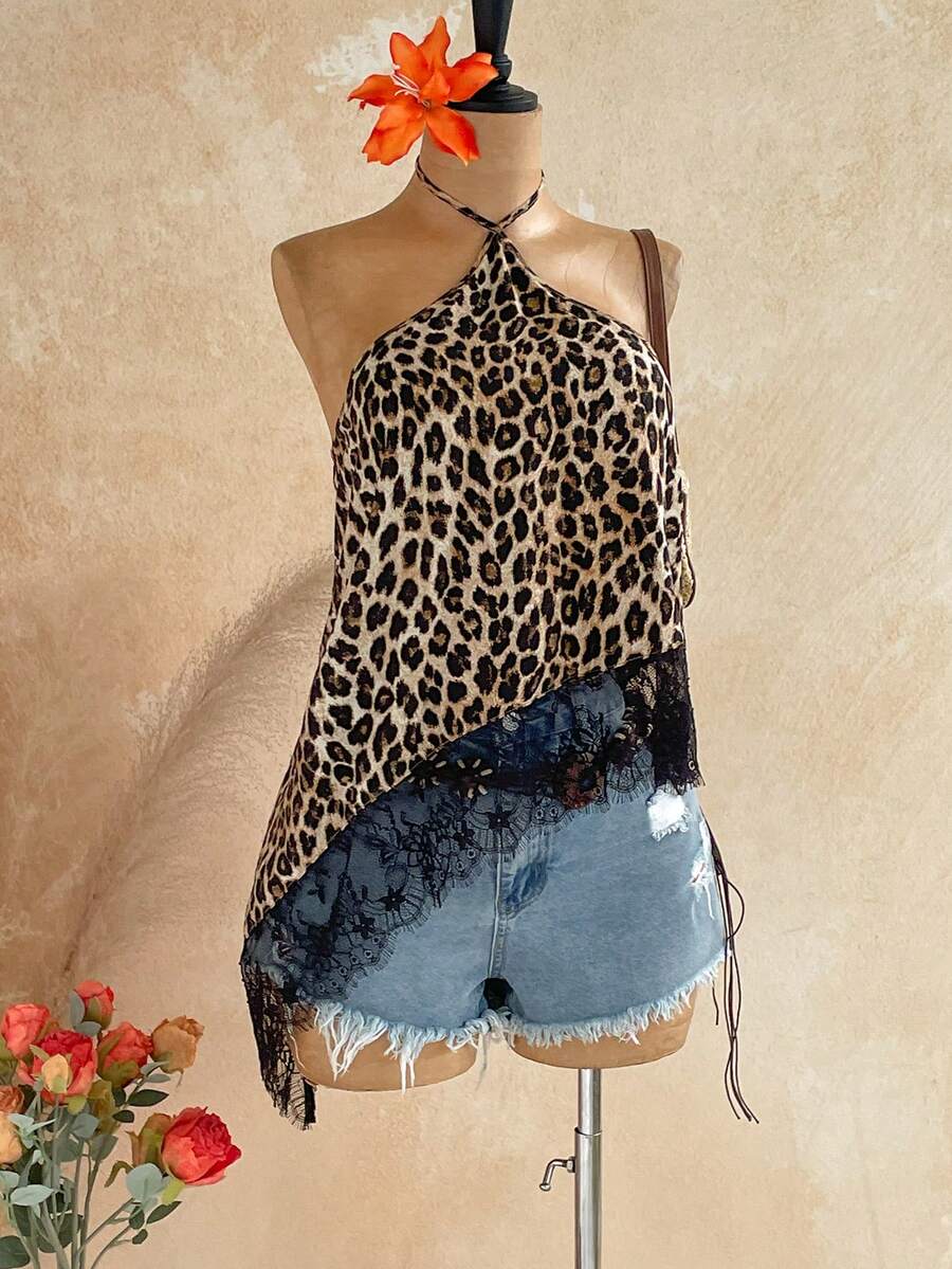 Soleia Women's Tank Top Leopard Print Halter Neck Tie Asymmetrical Hem Lace Trim Sexy Sleeveless Top Going Out Night Out Cocktail Parties Black And White - Brown - View 1