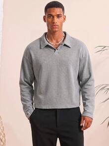 Knitted Fashionable Casual Men's Plain Long Sleeve Half Placket Loose Polo Shirt, For Friends, Fall - Grey - View 7