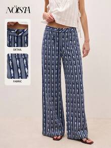 Nöista Wide-Leg Pants In A Fishes And Stripes Printed Fabric With A Mid-Rise Waistband, Button Closure, Front Pockets. Spring, Summer, Music Festival. - Royal Blue - View 7