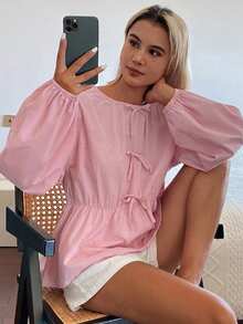 DAZY Set pigiama da donna 2 pezzi con blusa ampia decorata con fiocco e pantaloni corti, outfit primavera estate, tonalità rosa - Rosa - Visualizzare 6