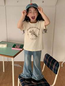 Dazy Kids 圓領套頭寬鬆印花撞色女童T恤 夏季 - 杏色 - 查看 4