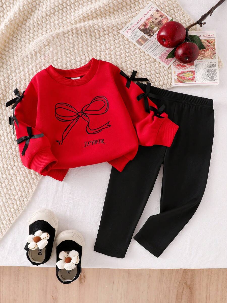 Elladie kids 2pcs Baby Girls Casual Bow Print Long Sleeve Sweatshirt And Knit Leggings Set Cute Autumn Back-To-School Red And Black Polka Dot Winter Clothes