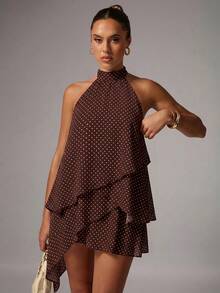 Avenya Brown And White Polka Dot Sleeveless Mini Dress With Flared Skirt Date Night Summer Ellegant - Multicolor - View 4