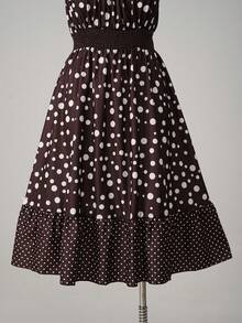 Sweetra Plus Size Square Neck Puff Sleeve Fashionable Waist-Defining Polka Dot Dress Vacation Summer 90s - Brown - View 3