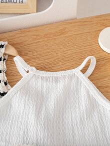 SHEIN 3pcs/Set Baby Girl Summer New Knit Textured Camisole Crop Top, Hollow Knit Fabric Long Sleeveless Cardigan With Waist Belt, Casual Loose White Minimalist Sporty Versatile Vacation Streetwear - Black and White - View 9