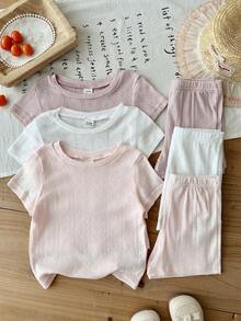 SHEIN 6pcs/Baby Girl's Summer Short-Sleeved Solid Color Knitted Ribbed Top And Shorts Set With Cute And Fun ,Comfortable Clothing Suitable For Outdoor Activities. - Multicolor - View 4
