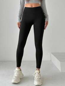 DAZY Solid Color High Waisted Leggings Fall Tights - Black - View 12