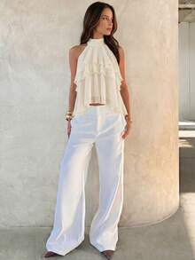 Aloruh Halter Neck Ruffled Cake Chiffon Blouse Beach Vacation, Summer Holiday, Tropical, Resort Wear, - Beige - View 5