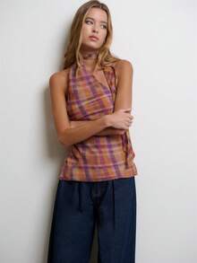 Nöista Plaid Halter Top With Scarf Neckline For Going Out, Vacation And Festival Styling. - Multicolor - View 5