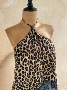 Soleia Women's Tank Top Leopard Print Halter Neck Tie Asymmetrical Hem Lace Trim Sexy Sleeveless Top Going Out Night Out Cocktail Parties Black And White - Brown - View 7