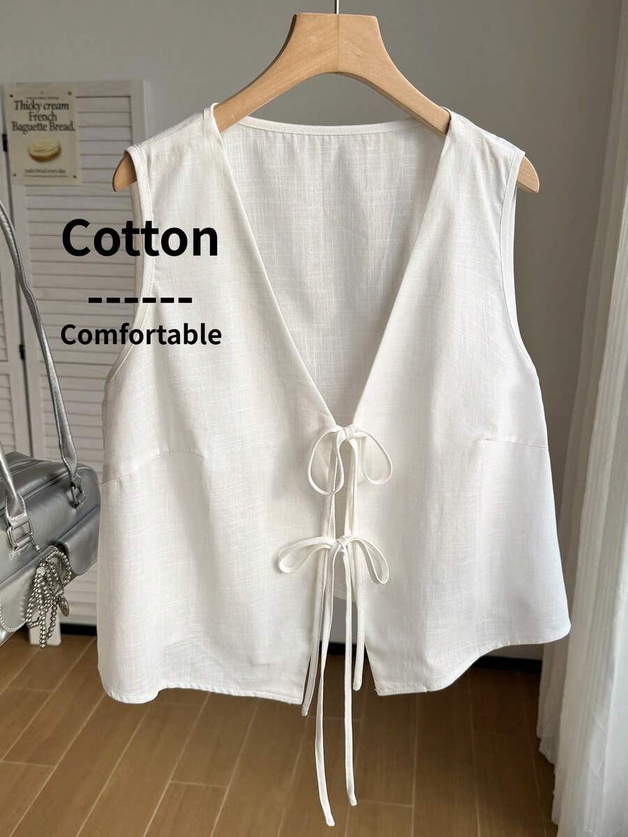 Comfortcana 大码女士休闲度假风棉混纺系带背心 - 白色 - 查看 1