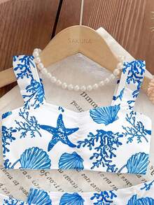 Fresh Blue Seashell & Marine Life Printed Young Girl Swimwear Set With Cover-Up Skirt - Multicolor - View 3