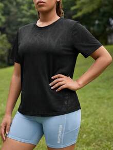 Powerista Plus Size Women's Solid Color Short Sleeve Sports T-Shirt Black T Shirt Plus Size T Shirt Black Plus Size Tops Tshirts For Women Curve Black Tshirt Curve - Black - View 9