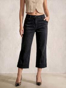Sinnesro Short noir court pour le printemps/été, amincissant et sophistiqué, en pur coton avec un lavage propre, polyvalent, convient pour le travail et les occasions décontractées, style vintage, sensation de haute qualité. ,Femmes de petite taille - Noir - Voir 9