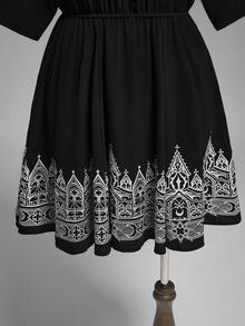 ROMWE Women's Dark Gothic V-Neck Castle Print Short Dress - Black - View 5