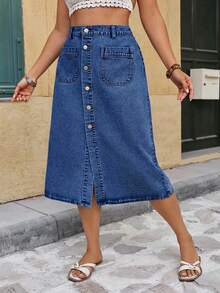 EMERY ROSE Mature Denim 大尺碼女款高腰單排扣口袋設計休閒牛仔裙 - 深色水洗藍 - 查看 3