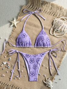 Swim Mod 2件組 春夏度假彩色亮片特殊面料三角杯胸罩與側綁泳褲性感比基尼套裝 - 紫色 - 查看 5
