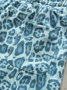 ROMWE MEN Celana Pendek Kasual Longgar Pria Motif Leopard dengan Tali Pinggang dan Saku - Biru - View 2