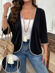 EMERY ROSE Plus Size Women's Vacation Jacket With Color Block Machine-Knit Shell Flower Special Craft, Solid Black, Asymmetric Hem, Casual Vacation Style, Suitable For Summer, Beach, Autumn And Winter Wear - Black - View 2