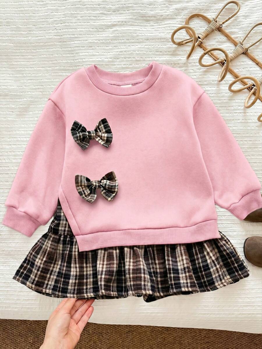 LMoss Kids 少女秋冬可愛拼接配色長袖格紋洋裝 - 粉色 - 查看 1