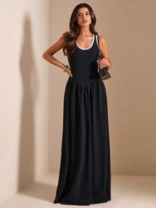 SHEIN BAE Herbst/Sommer Schwarz-Weiß kariertes Farbblock U-Ausschnitt Kontrast Saum ärmellos geraffte Taille A-Linie Maxikleid für Frauen Lässig Schlankmachend Urlaub - Schwarz - Übersicht 5