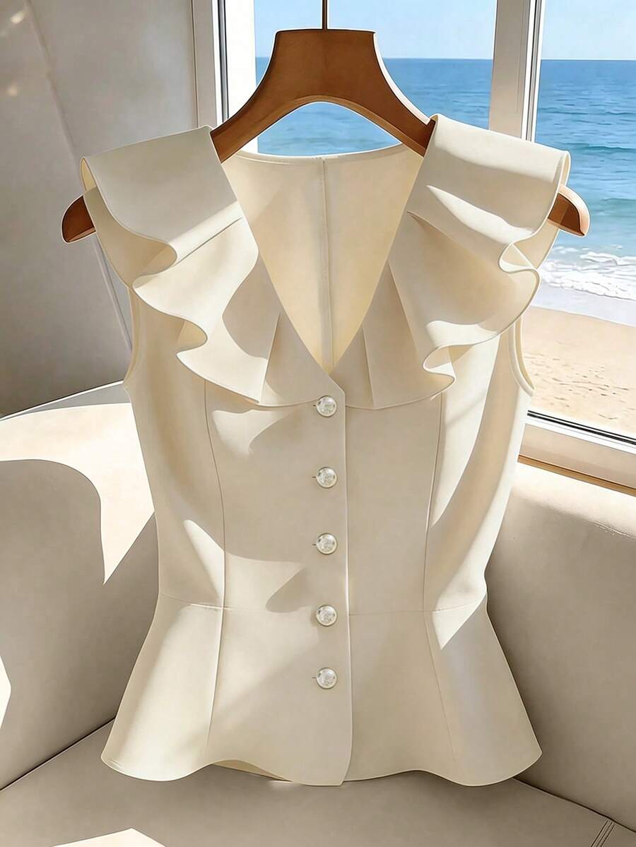 Franclia Blusa corta amarilla para mujer de verano, diseño elegante francés casual con volantes, cuello en V, sin mangas, ajuste ceñido, favorecedora y versátil - Albaricoque - Ver 1
