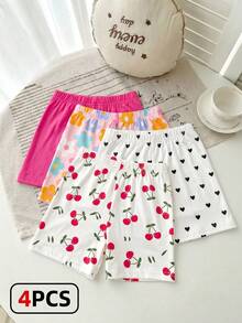 4 buah celana pendek anak perempuan, kasual, serbaguna, lembut, lucu, motif bunga, ceri dan hati, celana pendek warna fuchsia polos, cocok untuk pakaian kasual musim semi dan musim panas, celana pendek motif manis dan lucu multiwarna serbaguna, cocok untuk musim panas. - MultiWarna - View 5