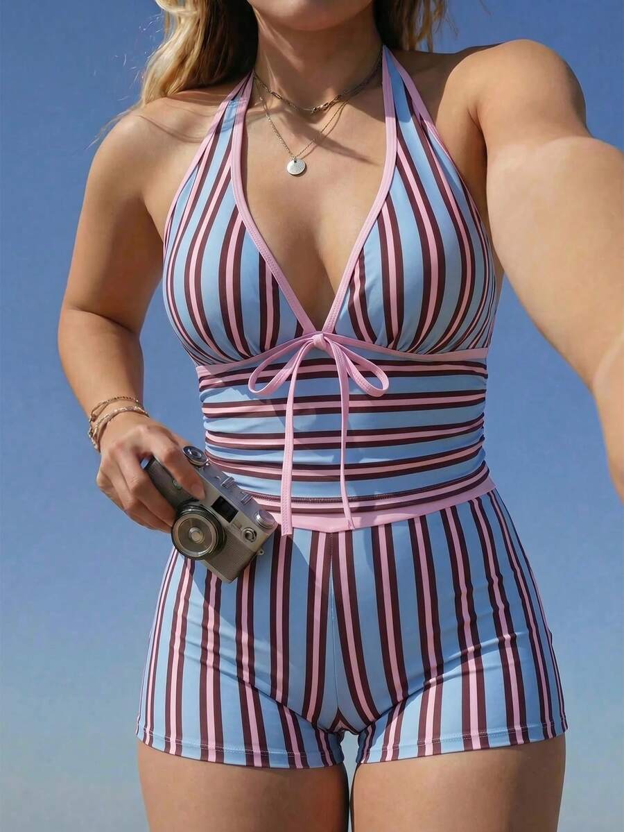 Swim Mod 2026 Spring/Summer Plus Size 2-Piece Bikini Set, Colorful Striped Print Fabric, Deep V-Neck, Solid Color Trim, High-Waist Shorts, Sexy Beach/Pool/Party Wear - Multicolor - View 1
