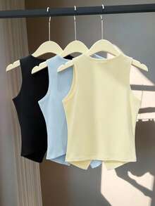 Chiquease Women's Solid Color Fashion Elegant Small Round Neck Sleeveless Split Fitted Button Vest 3-Piece Set - Multicolor - View 2