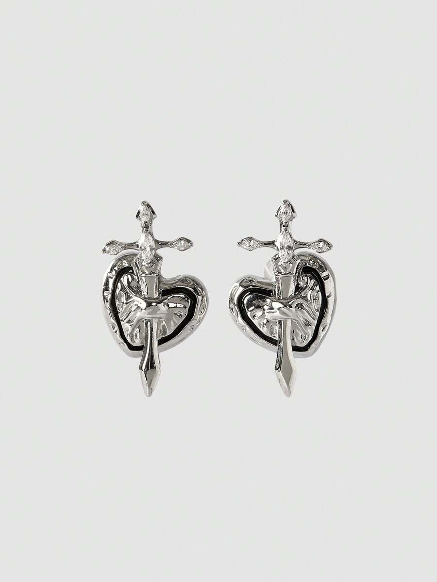 MortiRose Vintage Pleated Love Stud Earrings Niche Design Asymmetrical S925 Cross Earrings - Silver - View 1