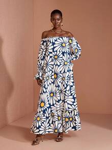 JIAN LASALA All-Over Floral Print Off-Shoulder Lantern Sleeves Women Ruffled Maxi Dress Holiday Vacation Navy Blue Floral Summer Boho - Multicolor - View 5