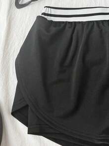 SHEIN Tween Girl Sports Knit Solid Color Loose Elastic Shorts - Black - View 3