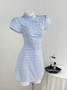 Elamini Women's Summer Casual Plaid Button Detail Waist-Cinching Dress - Blue - View 4
