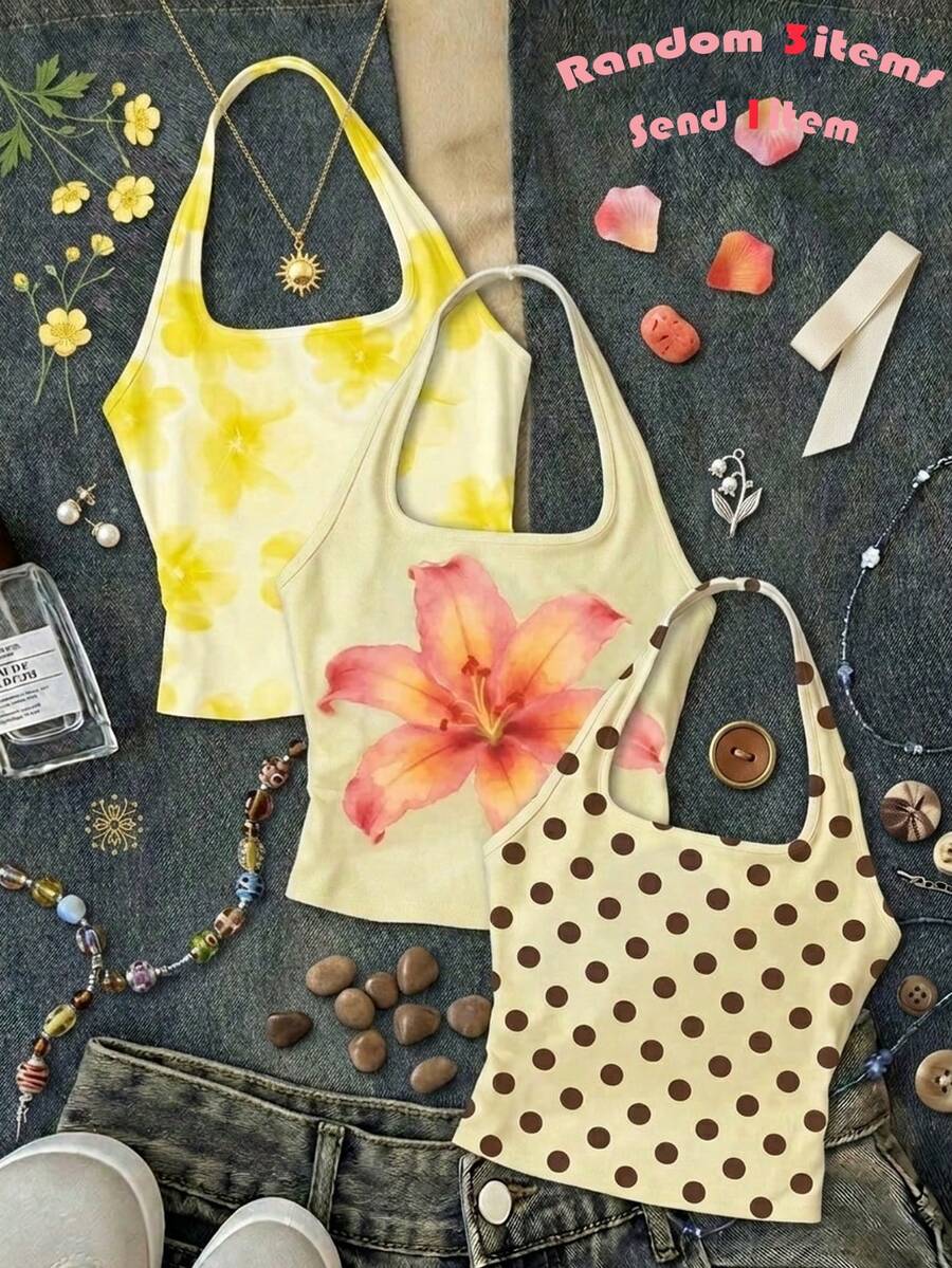 Random 3items,Send 1item Tween Girls' White Long Casual Halter Neck Top, Fitted Summer Tank - Multicolor - View 1