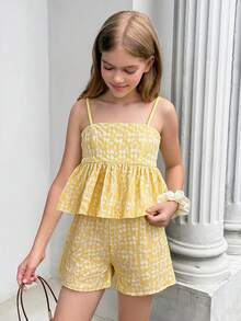 SHEIN Bộ 2 món áo camisole gấu nhún hoa jacquard vàng trơn và quần short cho bé gái tuổi teen mặc đi chơi mùa hè - Màu vàng - Xem 8