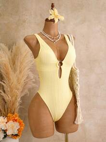 Swim Basics 女款夏季海灘度假風純色O型環深V領露背扭結鏤空式一件式泳衣 - 黃色 - 查看 6