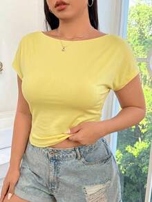 SHEIN EZwear 浅黄色加大码女式圆领短袖T恤 - 鵝黃色 - 查看 4