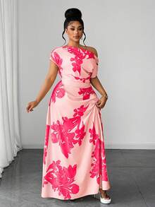 Maweii Plus Size Floral Print One Shoulder Ruched Waist Slimming Outing Vacation Dress - Baby Pink - View 4