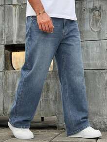 DAZY Washed Distressed Straight Leg Zipper Pocket Plus Size Men's Jeans Fall - Blue - View 5