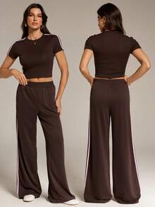 SHEIN Tall Women's Striped Patchwork Round Neck Short Sleeve T-Shirt And Wide Leg Pants Casual 2 Pieces Set - Brown - View 1