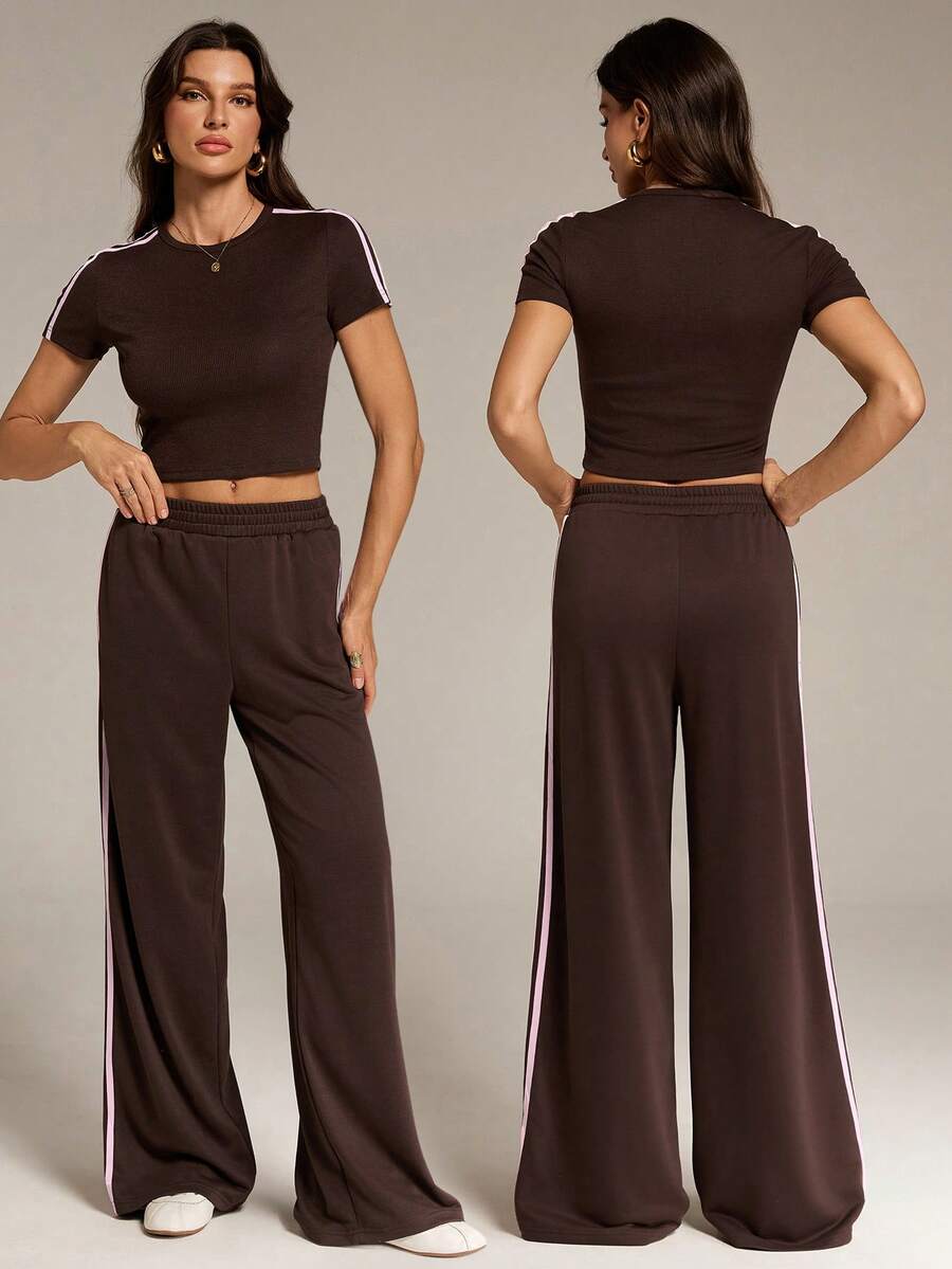 SHEIN Tall Women's Striped Patchwork Round Neck Short Sleeve T-Shirt And Wide Leg Pants Casual 2 Pieces Set - Brown - View 1