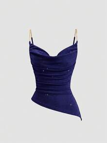 Sweetra Women's New Fashion Versatile Shiny Knit Tank Top With Waist-Defining Flared Hem And Asymmetrical Bottom - Royal Blue - View 3