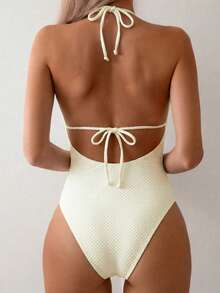 Bonvoyette Women's Summer Beach Vacation Textured Fabric Beaded Decor Halter Backless Sexy One-Piece Swimsuit - Apricot - View 2