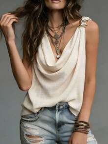 SHEIN Holidaya Tank Top Fashion Wanita Warna Polos dengan Hiasan Leher Kerah dan Bahu - Aprikot - View 4