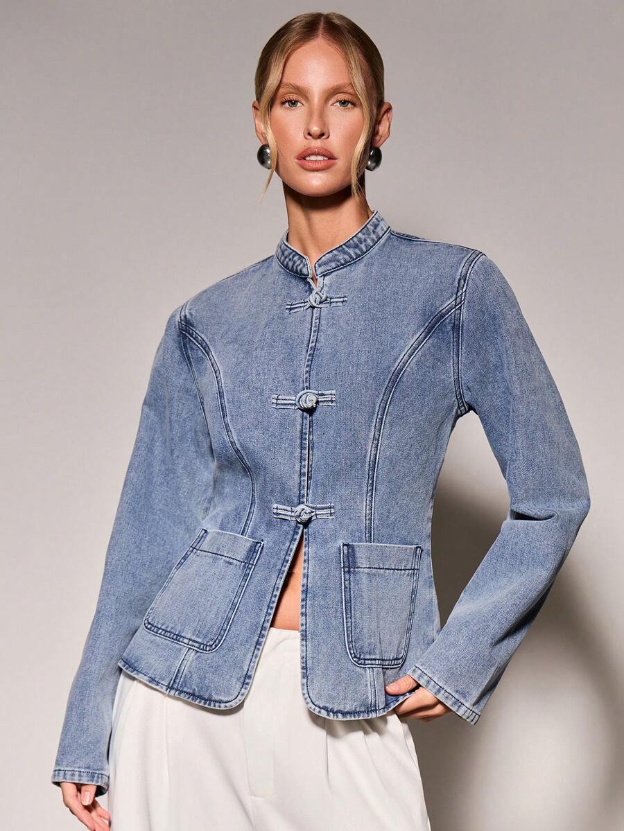 COSMINA Denim Women's Light Blue Single-Breasted Stand Collar Denim Jacket With Pockets, Suitable For Casual Retro, Commuting, Night Out, Chinese Style Date - Blue - View 1